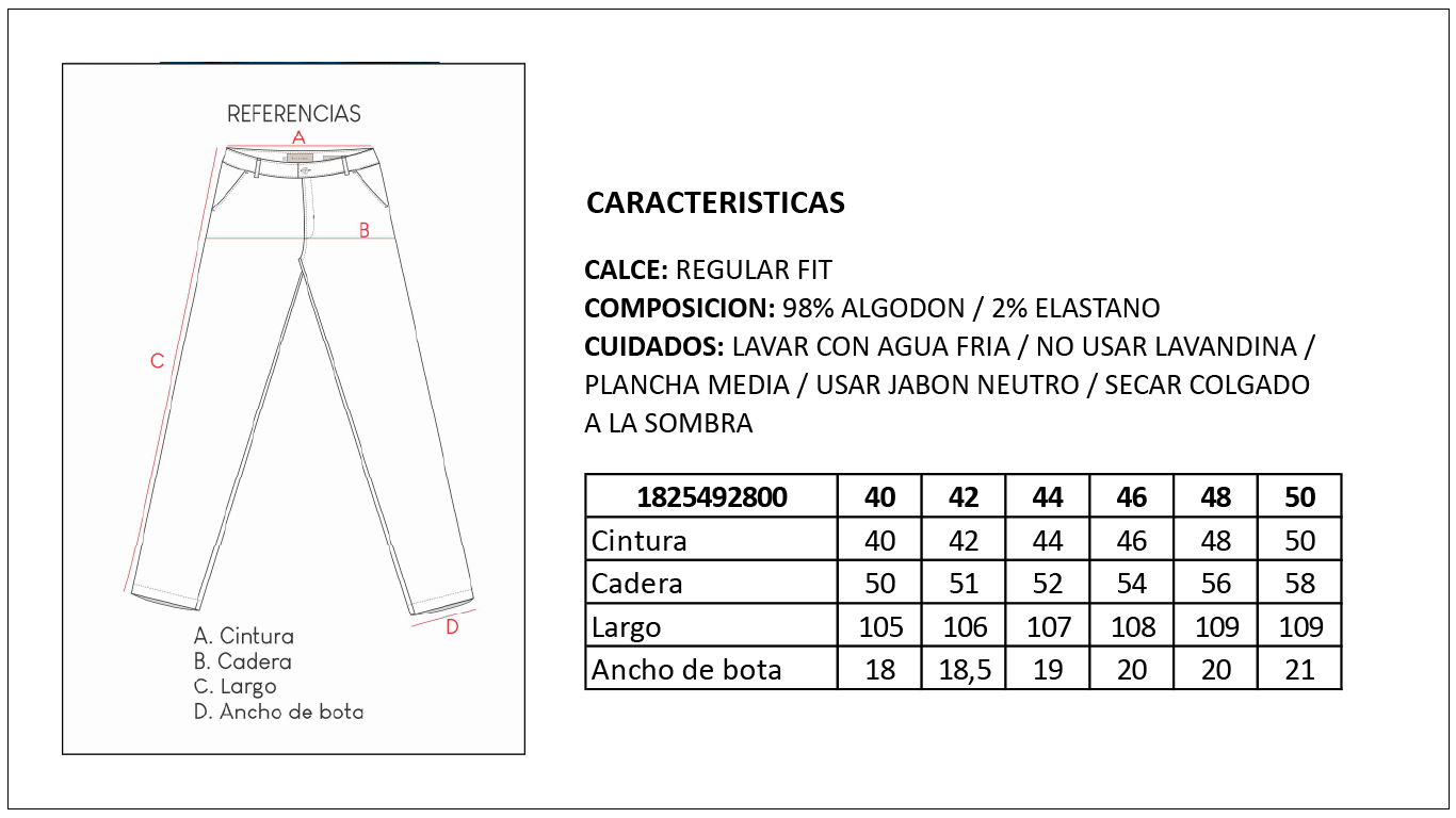 Tabla de Talles Pantal&oacute;n Chino Hombre Britches
